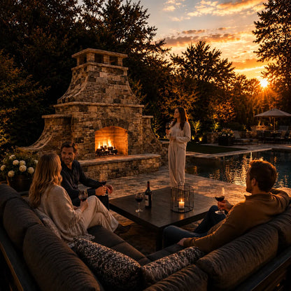 FireRock Pre-Fabricated Arched Outdoor Wood Burning Fireplace – Tuscan-Style Masonry – Evening Ambiance View