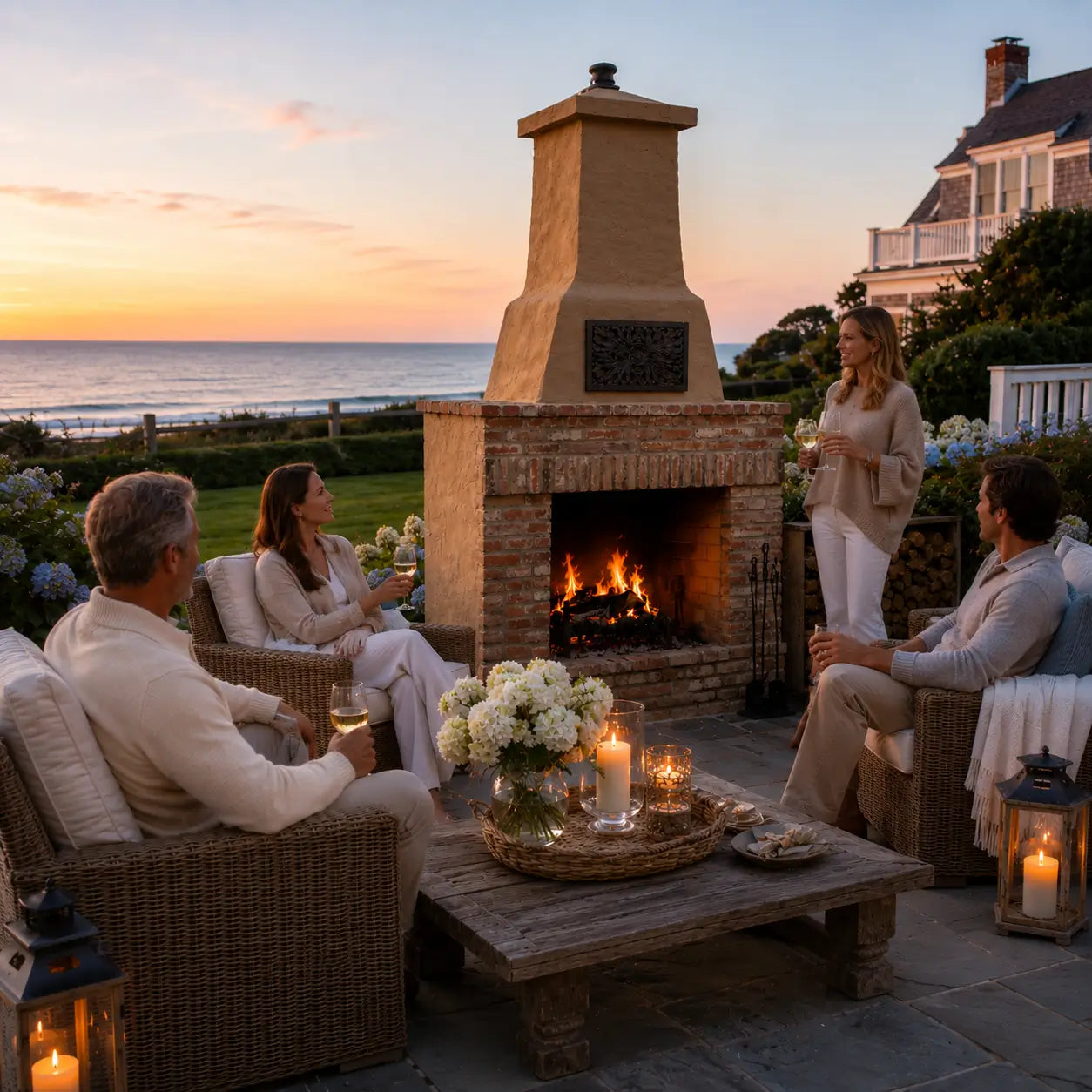 FireRock Pre-Fabricated Outdoor Wood Burning Fireplace – 30 36 42-Inch – Evening Ambiance Setting