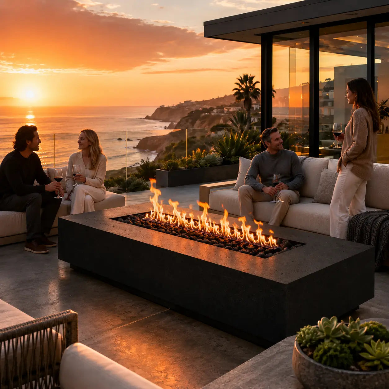 People sitting around a fire pit on a patio with a scenic ocean view at sunset.