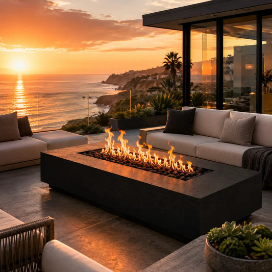 Outdoor patio with fire pit and ocean view during sunset