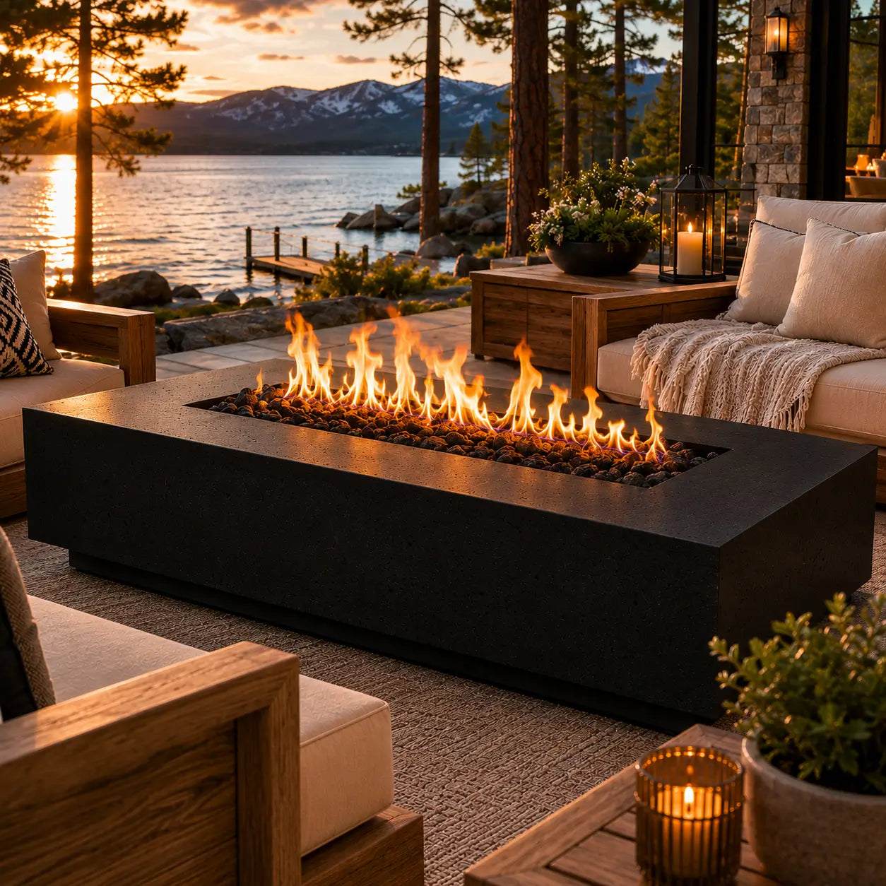 Outdoor patio with fire pit, seating area, and scenic lake view at sunset.