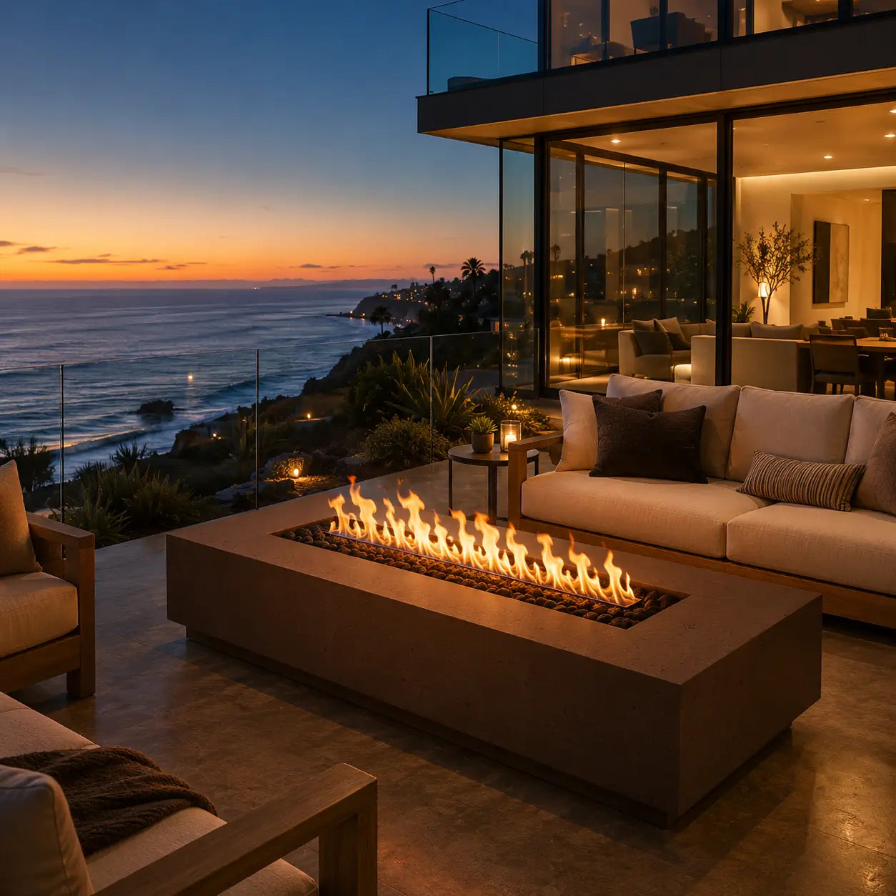 Modern outdoor living space with fire pit and ocean view at sunset