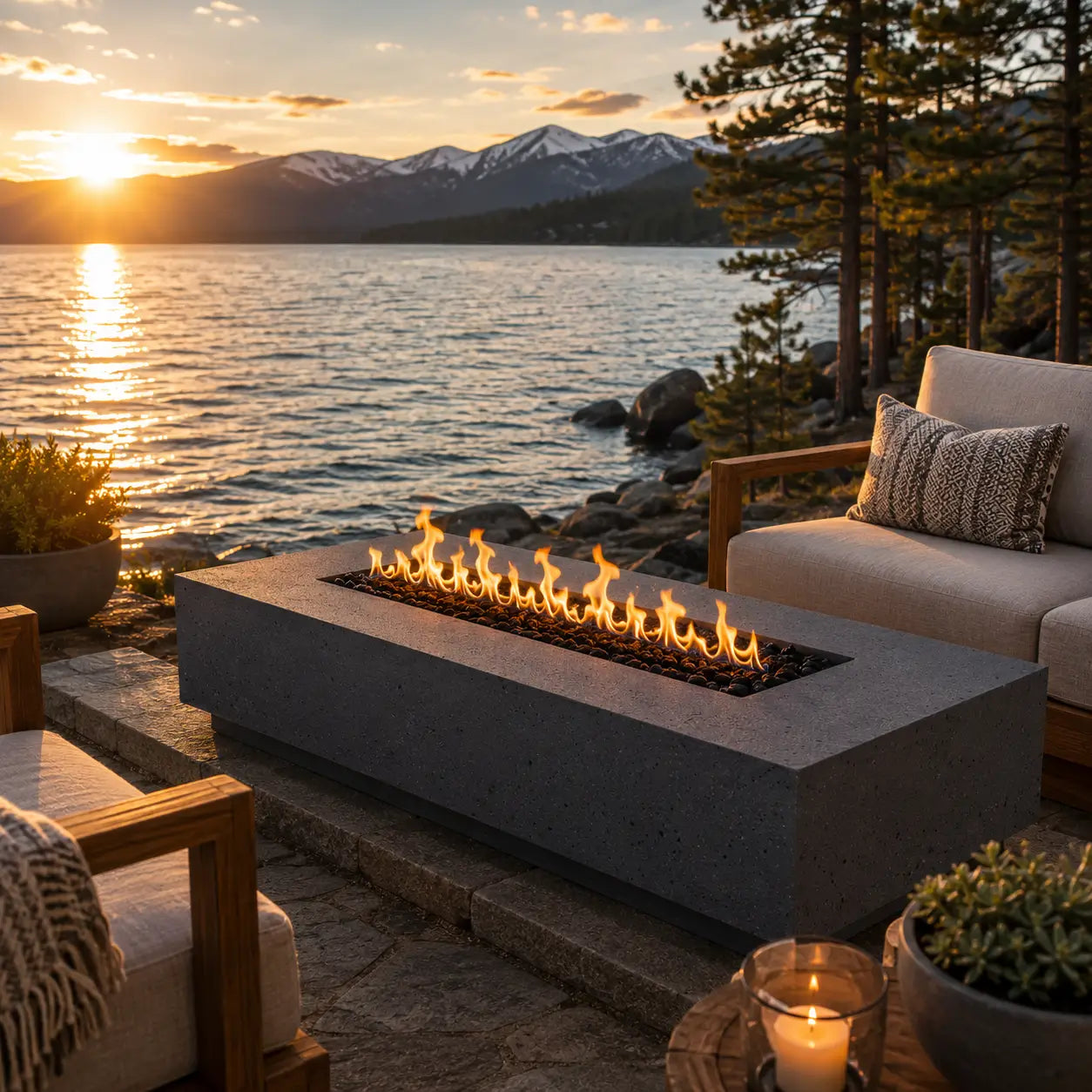 Outdoor fire pit by a lake with sunset and mountains in the background