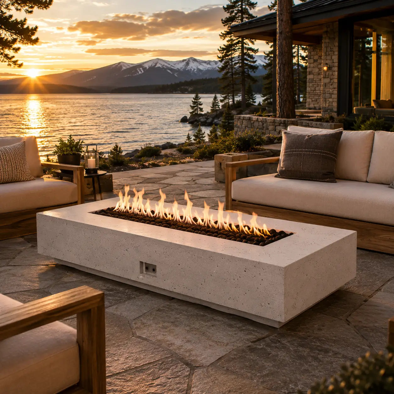 Outdoor patio with fire pit, seating area, and scenic lake and mountain view at sunset.