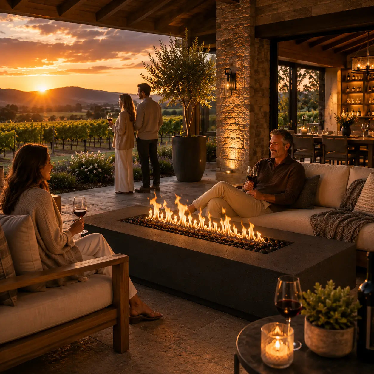Fire Gear Pro Sanctuary Series 76-Inch GFRC Fire Pit Table – Outdoor Entertaining Area View