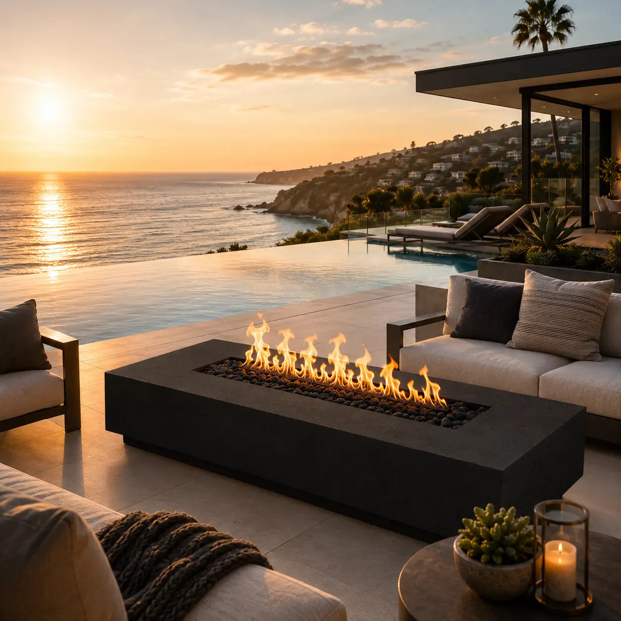 Fire Gear Pro Sanctuary Series 76-Inch GFRC Fire Pit Table – Pro Brass Burner Flame Detail