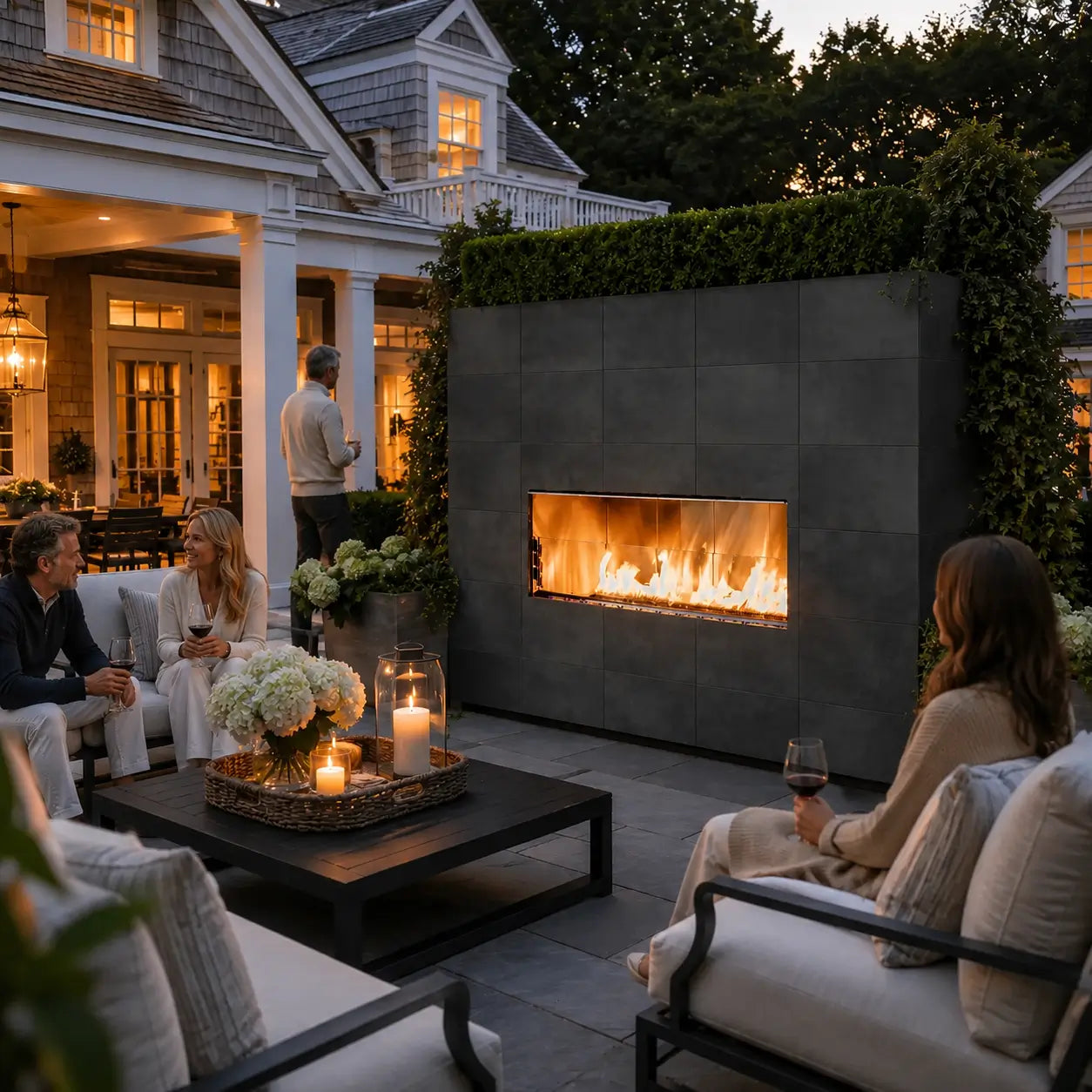 People sitting around an outdoor fireplace in a cozy patio setting.