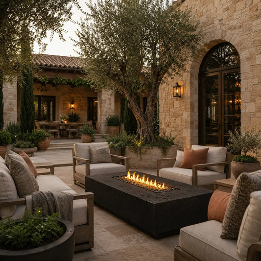Outdoor patio with fire pit, seating area, and stone building.