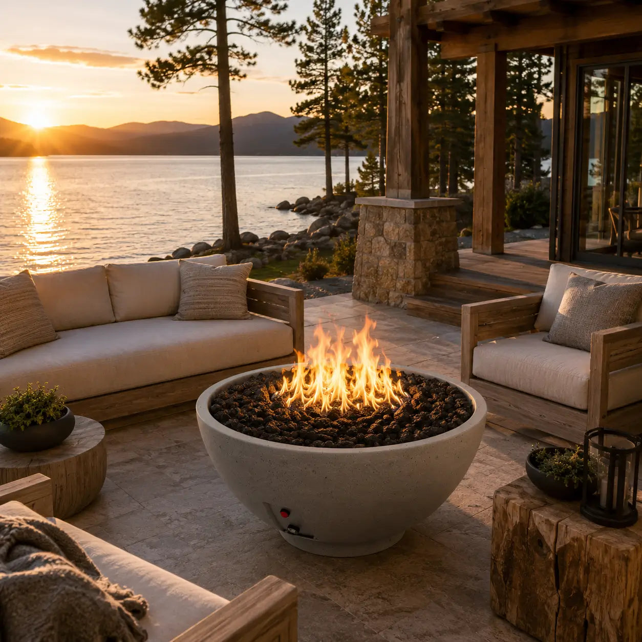 Outdoor patio with fire pit, couches, and scenic lake view at sunset.