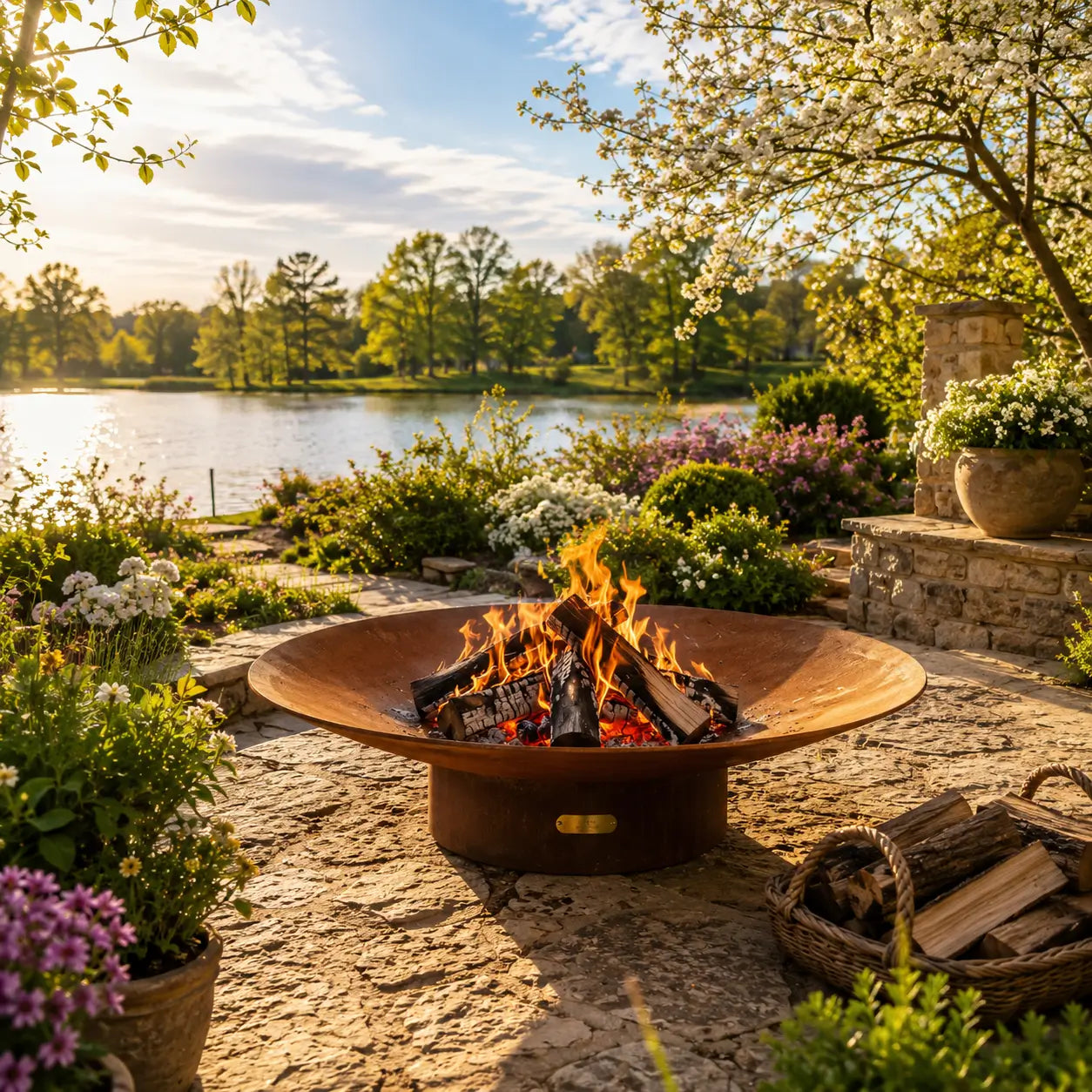 Fire pit in a garden setting with a lake and trees in the background