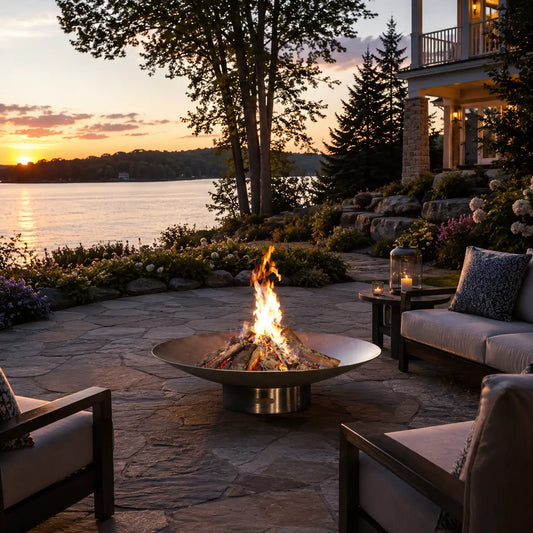 Outdoor patio with fire pit by a lake at sunset