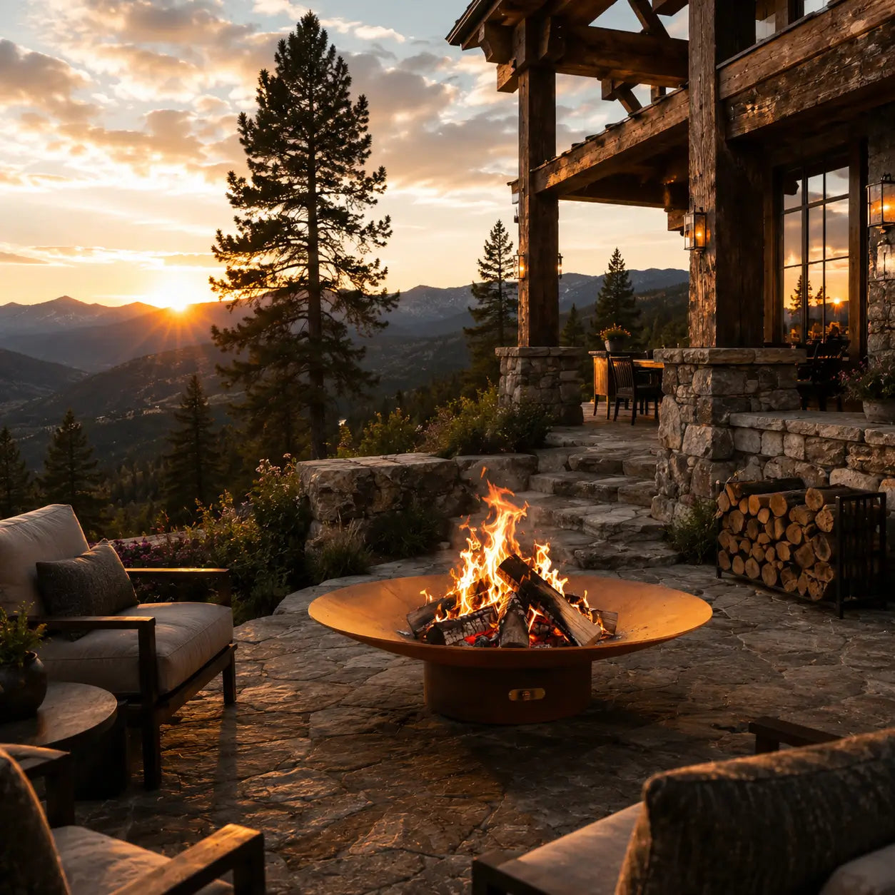 Outdoor patio with fire pit and mountain view during sunset