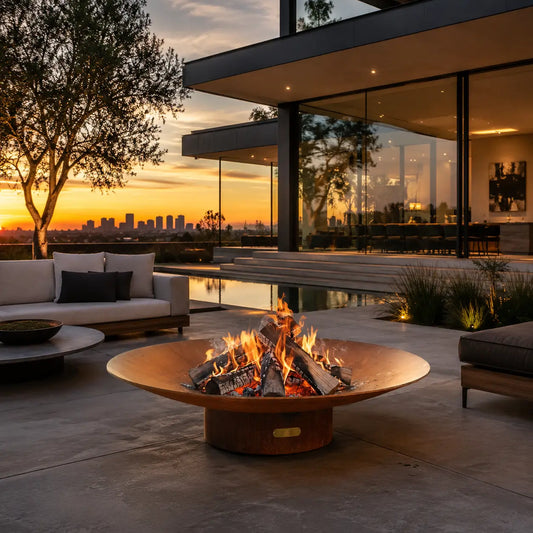 Modern outdoor living space with a fire pit and city skyline view during sunset.