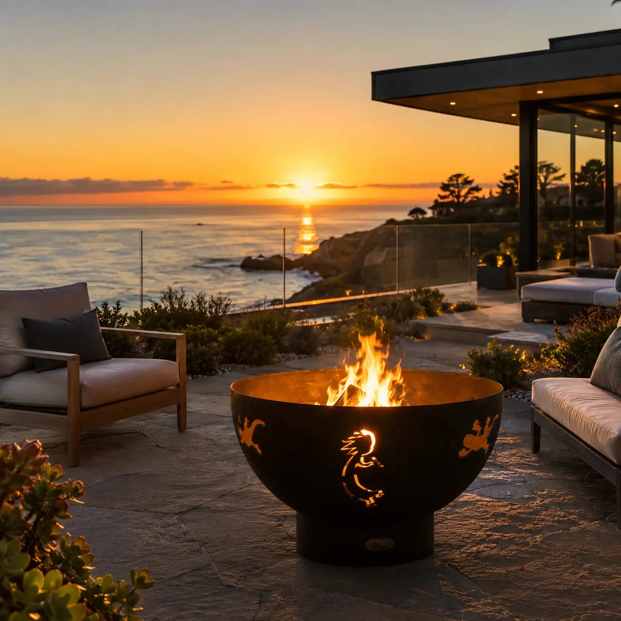 Outdoor fire pit at sunset by the ocean. 