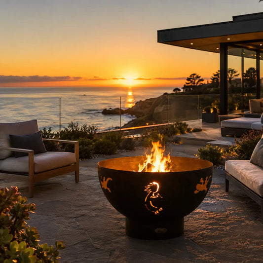 Outdoor fire pit at sunset by the ocean. 