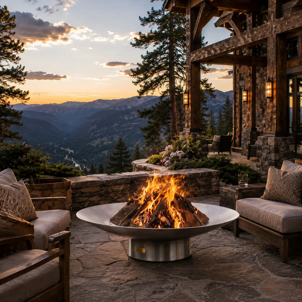 Outdoor patio with fire pit and mountain view during sunset