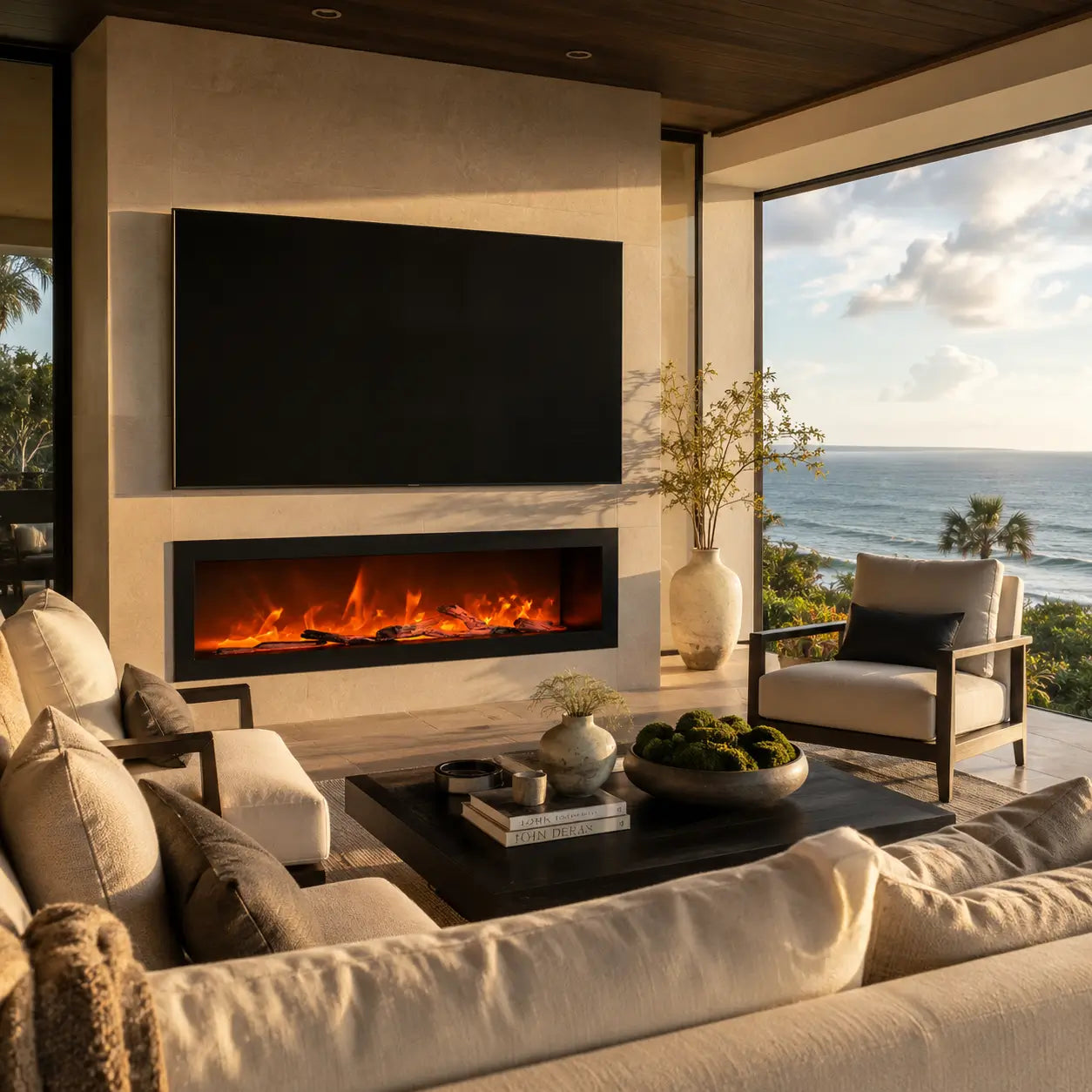 Modern living room with ocean view, electric fireplace, and comfortable seating.