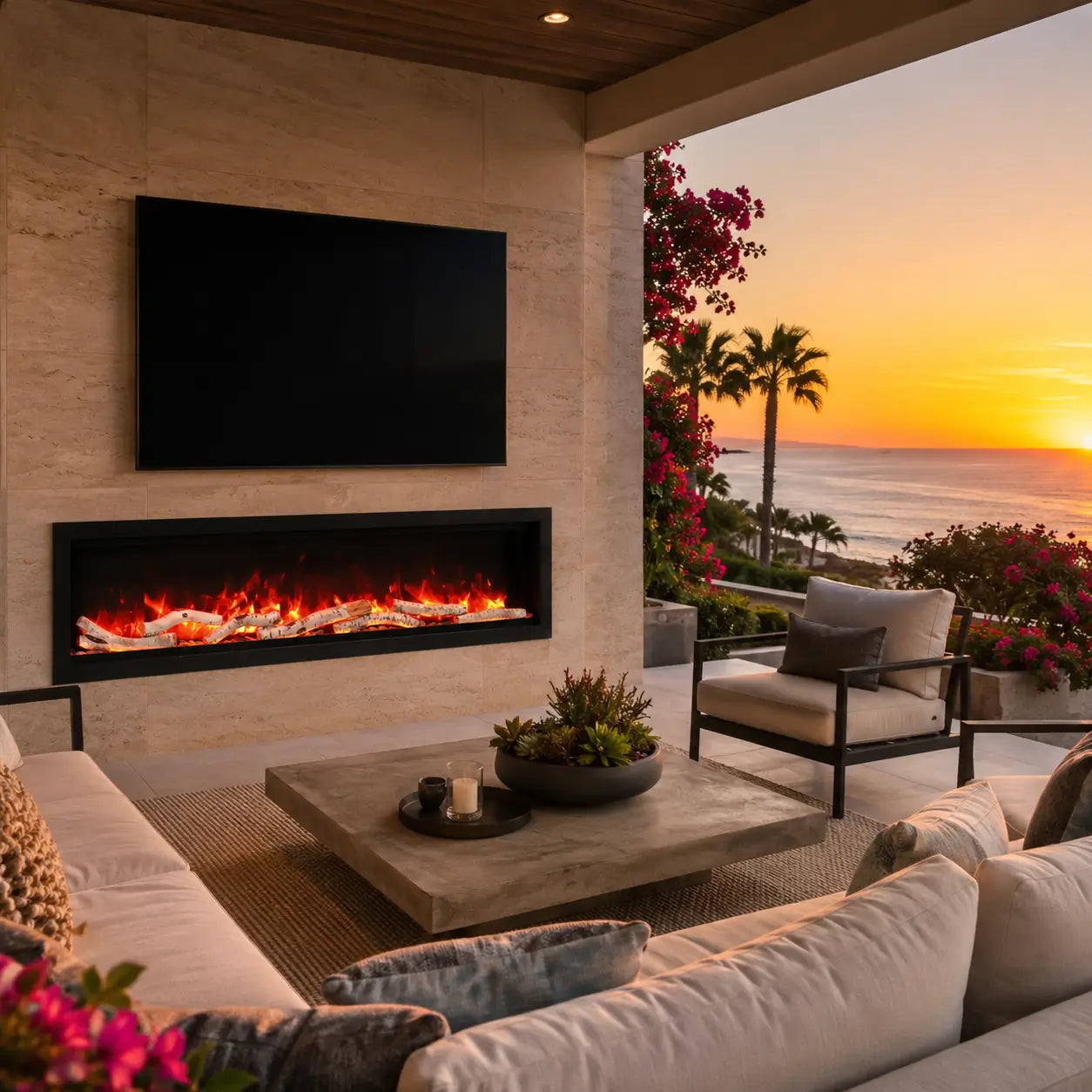 Outdoor living space with a fireplace, TV, and ocean view during sunset.