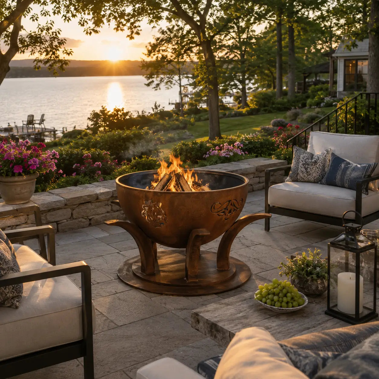 Outdoor patio with fire pit, chairs, and sunset over water view.
