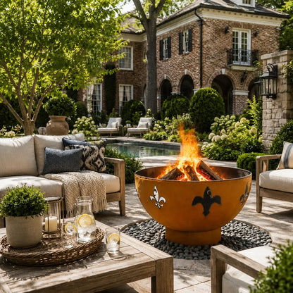Fire Pit Art Fleur De Lis Steel Fire Pit – French Monarchy Design Outdoor Wood Burning Fire Pit – Main Product Photo