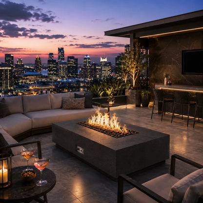 Outdoor patio with fire pit, city skyline at dusk, and drinks on a table.