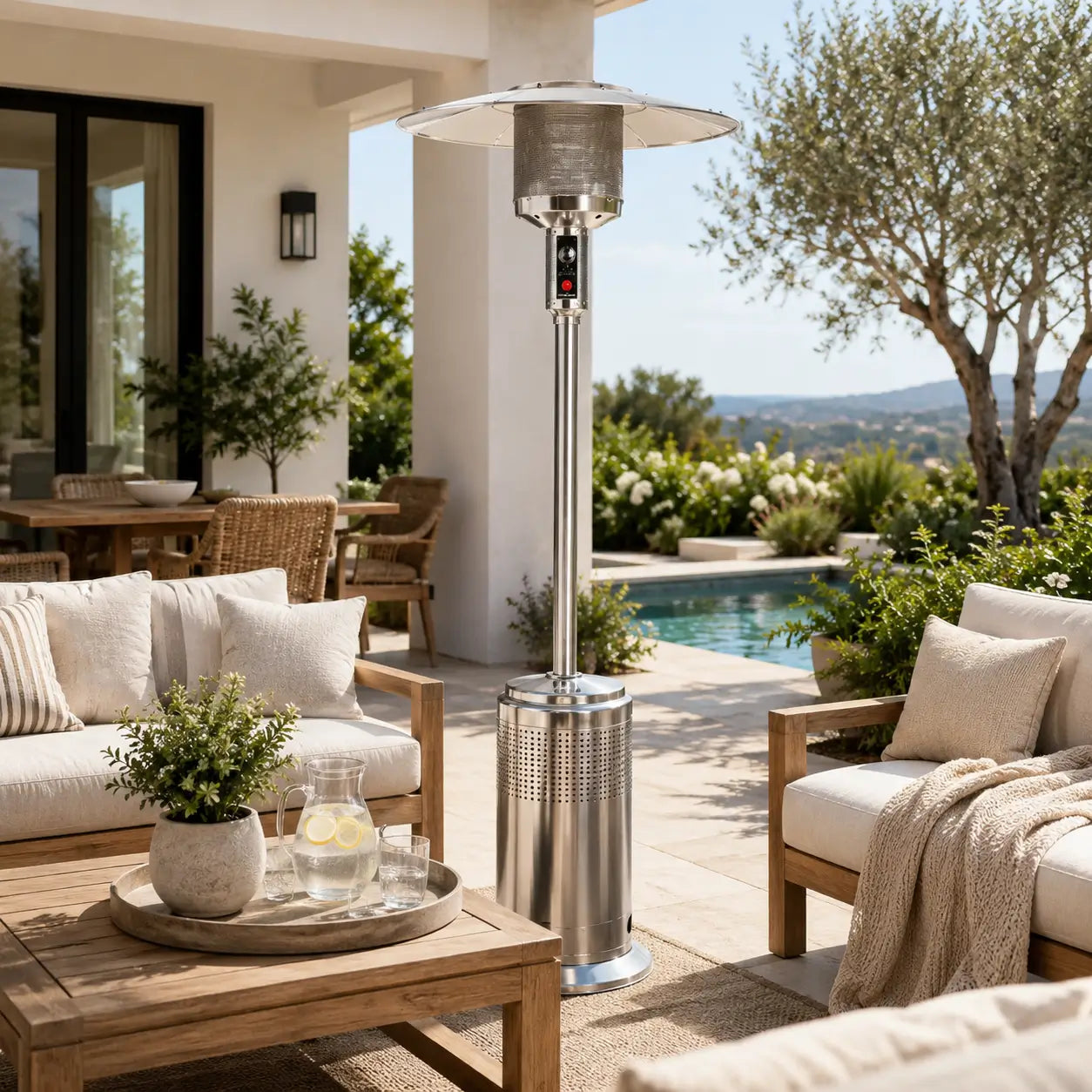 Fire Sense Stainless Steel Pro Series Propane Patio Heater - Outdoor Lifestyle View