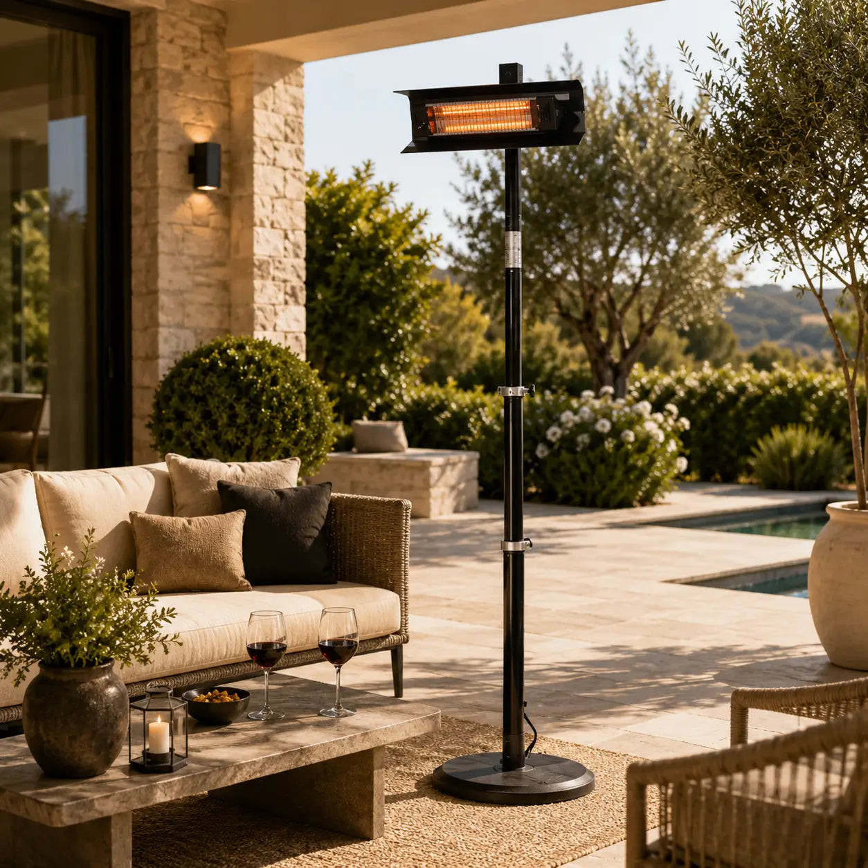 Fire Sense Pole Mounted Electric Patio Heater - Outdoor Lifestyle View