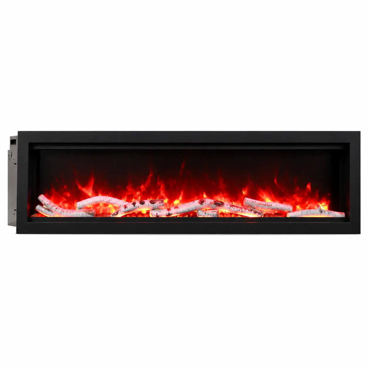 A modern linear electric fireplace insert with a black frame, featuring realistic red and orange flames and glowing embers over faux logs inside a white background.