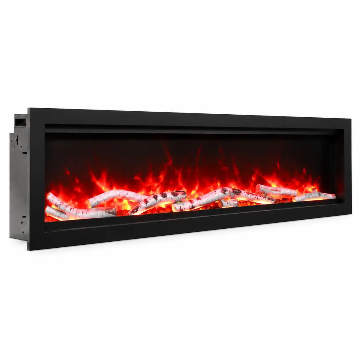 A modern linear electric fireplace insert with a black frame, featuring realistic red and orange flames and glowing embers over faux logs inside a white studio background.