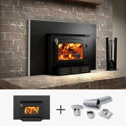 Drolet Escape 1800-I Wood Fireplace Insert & Faceplate & Liner Kit - Black Finish Angle View