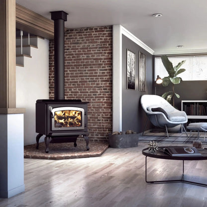 Drolet Escape 1800 - On Legs & Brushed Nickel Door - Black Finish Angle View