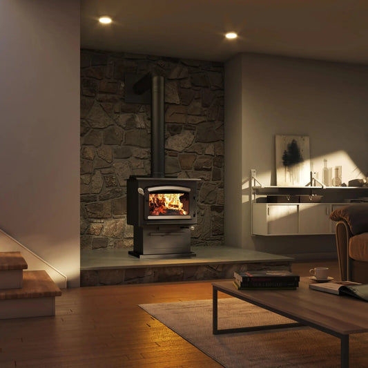 Drolet Heritage Wood Stove With Blower - Black Finish Angle View