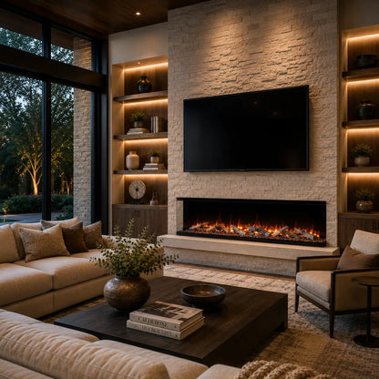 A modern living room featuring a linear electric fireplace with glowing logs, mounted beneath a large flat-screen TV on a light stone wall. The room is styled with a beige sectional sofa, a dark wood coffee table, a single armchair, built-in warm-lit shelves, and a large window looking out onto a garden at dusk.