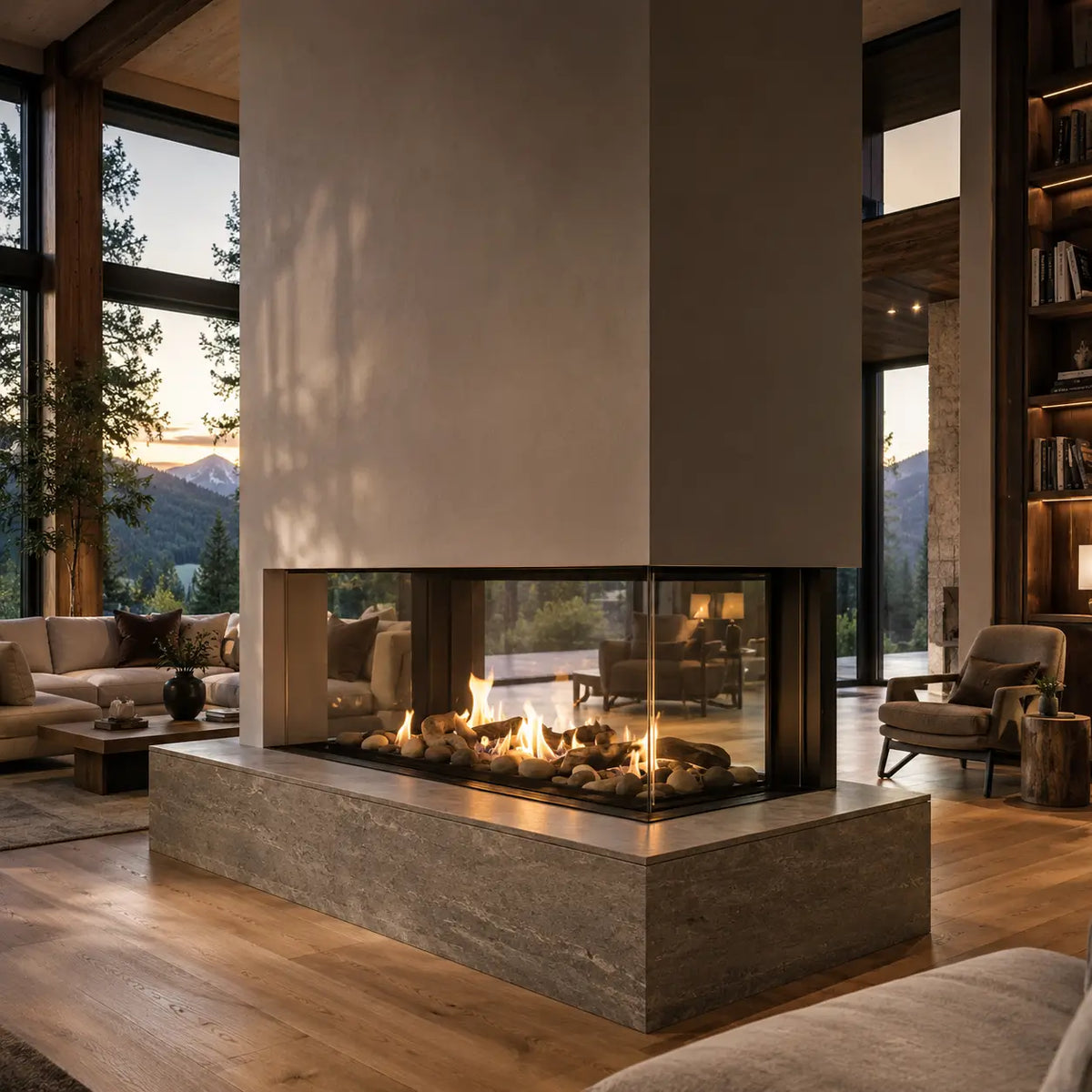A modern linear fireplace with a tall rectangular surround and stone base, set in a luxurious contemporary living room with wood floors, outdoor mountain views, and cozy seating.