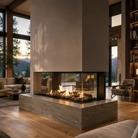 A modern linear fireplace with a tall rectangular surround and stone base, set in a luxurious contemporary living room with wood floors, outdoor mountain views, and cozy seating.