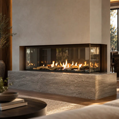 A modern linear fireplace with a long rectangular stone base, clear glass front, and visible flames over logs, set in a contemporary living room interior.