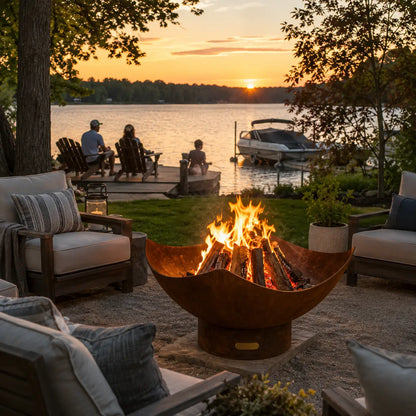 Outdoor evening scene with a fire pit by a lake, people sitting around, and sunset.