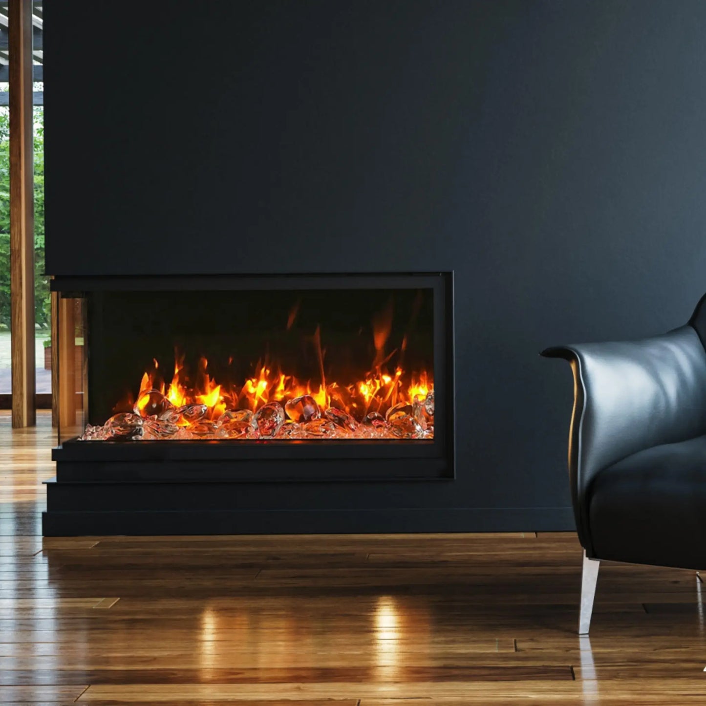 Modern electric fireplace with a black frame in a living room setting.