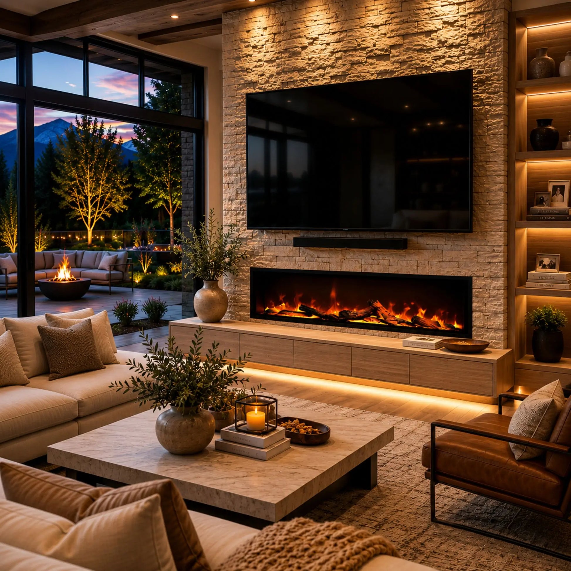 Modern living room with stone fireplace, TV, and outdoor view.