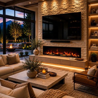 Modern living room with stone fireplace, TV, and outdoor view.