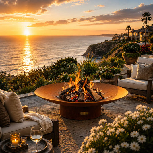 Outdoor patio with fire pit, chairs, and ocean view during sunset.