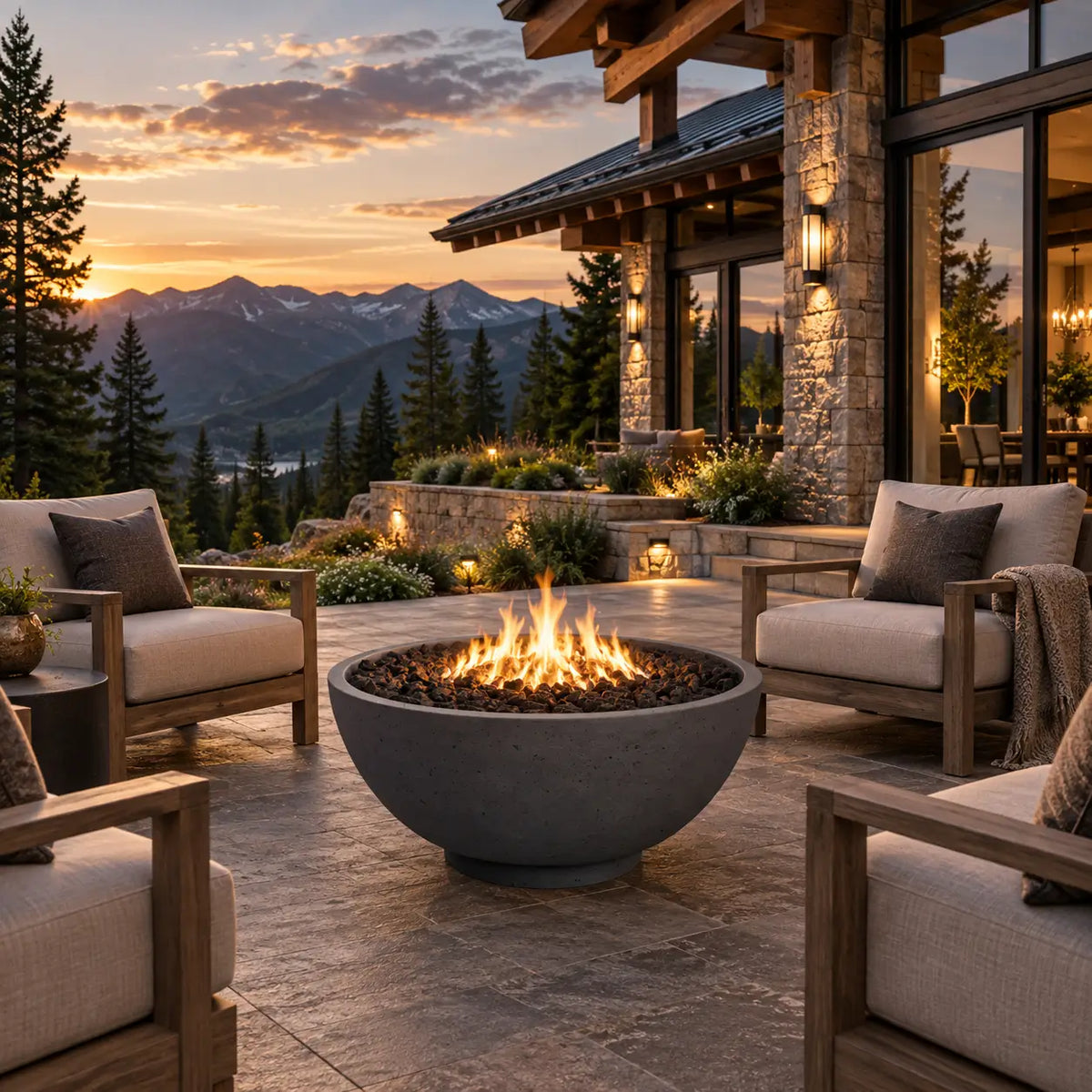 A round concrete fire pit bowl with a glowing fire, placed on a stone patio in front of a modern lodge-style house with mountains in the background at sunset.