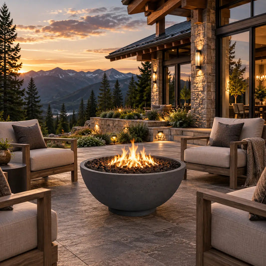 A round concrete fire pit bowl with a glowing fire, placed on a stone patio in front of a modern lodge-style house with mountains in the background at sunset.