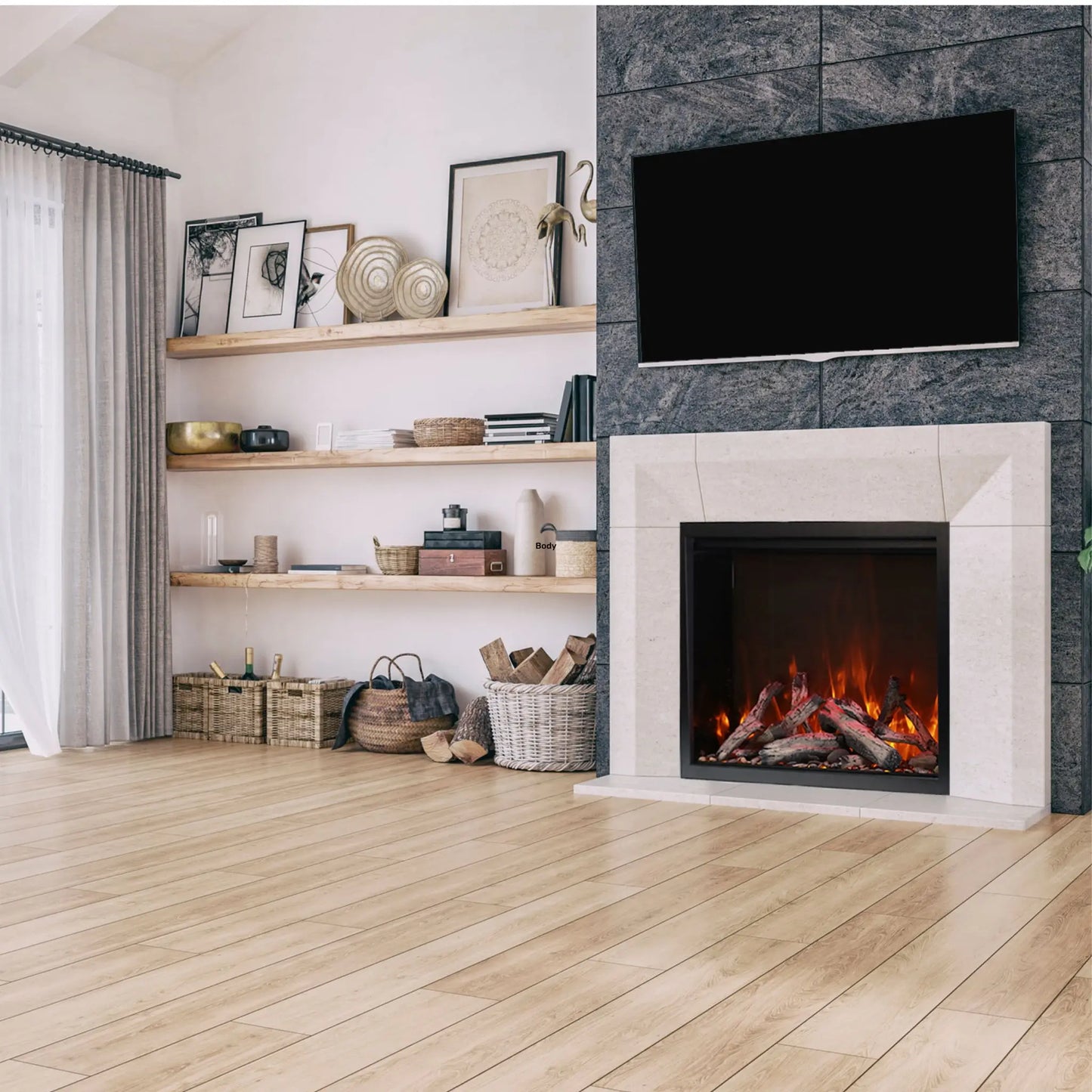 Amantii TRD Lumina Electric Fireplace-  Black Finish Angle View
Living room with a fireplace, shelves, and a television.