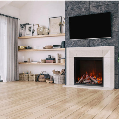 Amantii TRD Lumina Electric Fireplace-  Black Finish Angle View
Living room with a fireplace, shelves, and a television.