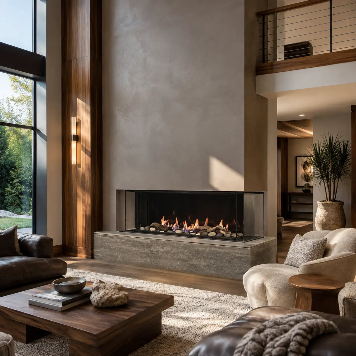 A modern linear fireplace with a black glass front and visible flames, set in a stone base within a contemporary living room featuring wood paneling, leather and cream seating, and a large window.