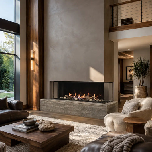 A modern linear fireplace with a black glass front and visible flames, set in a stone base within a contemporary living room featuring wood paneling, leather and cream seating, and a large window.