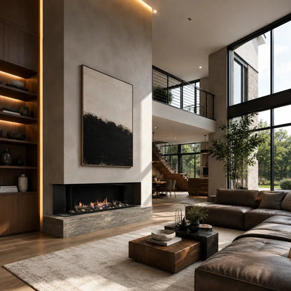 A modern living room interior with a large abstract black-and-cream wall art piece above a fireplace, a brown sectional sofa, a wooden coffee table, and tall windows overlooking greenery.