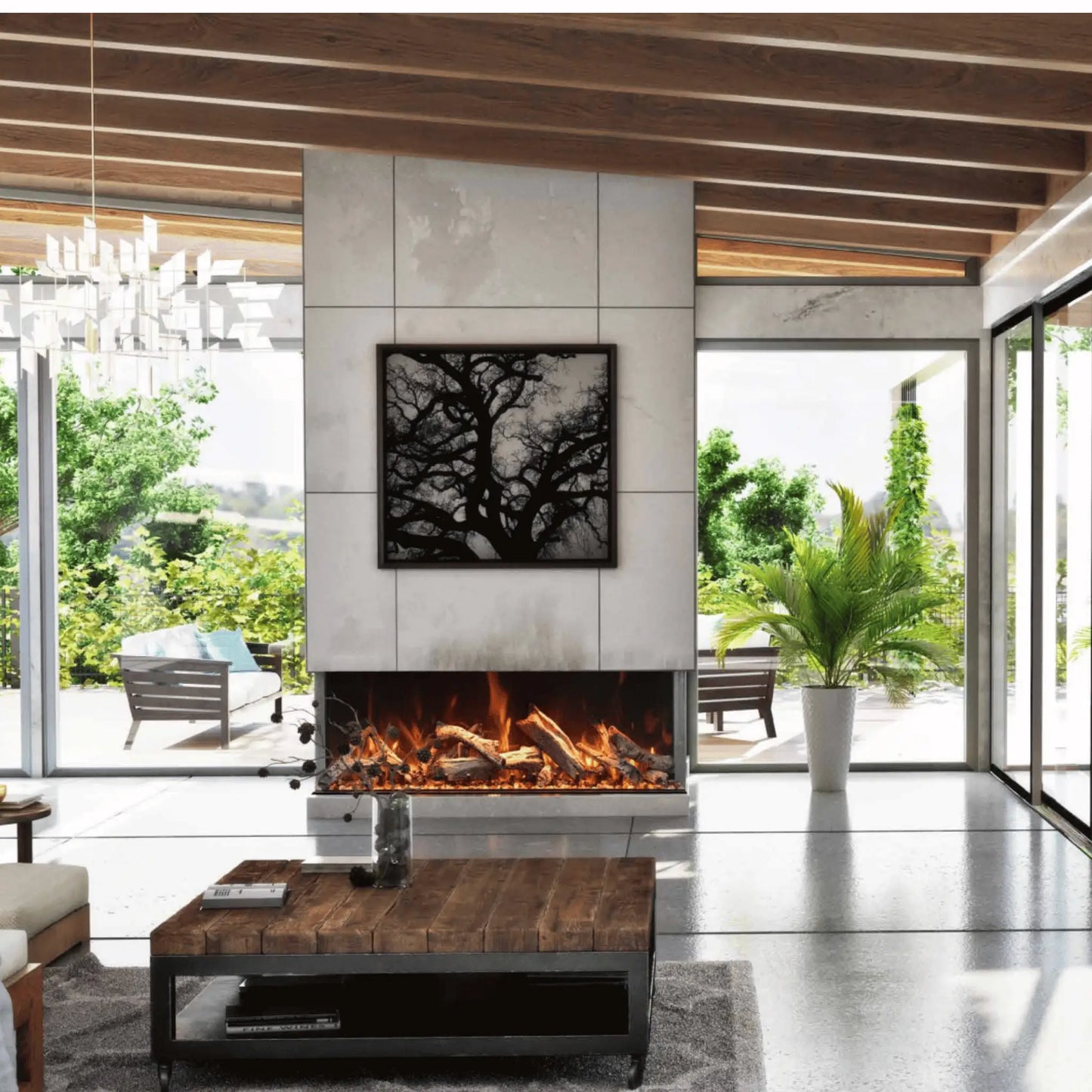 Amantii Tru View Bespoke Electric Fireplace -  Black Finish Front View
Modern living room with a fireplace, coffee table, and large windows.