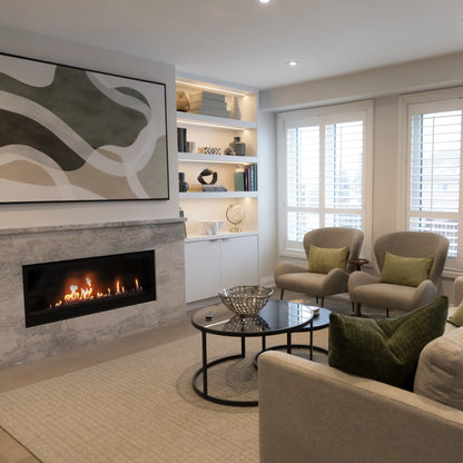 Sierra Flame Lamego 45 zero clearance gas fireplace in a marble wall beside built-in shelving